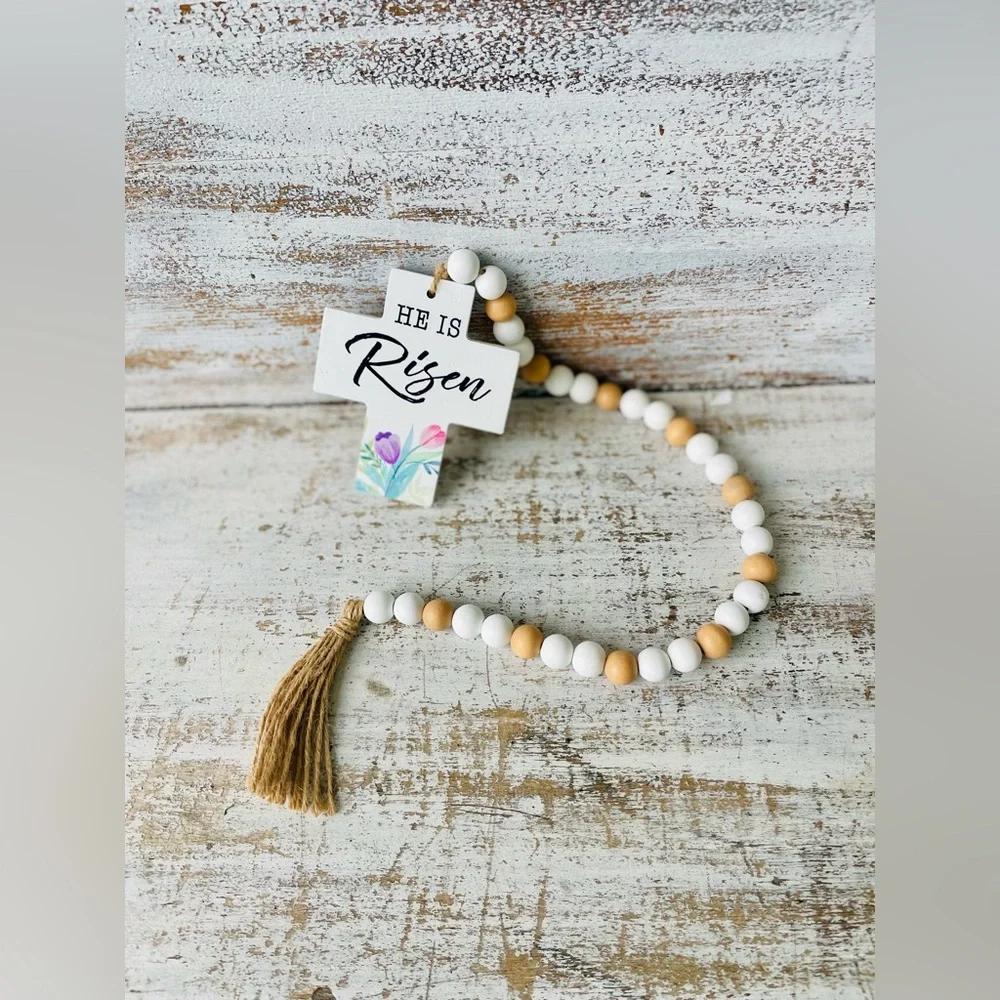 *He Is Risen Wooden Bead Garland w/Cross